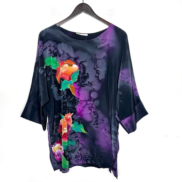 Lahja Tops - Lahja Hand Painted Silk Top Black Floral Print